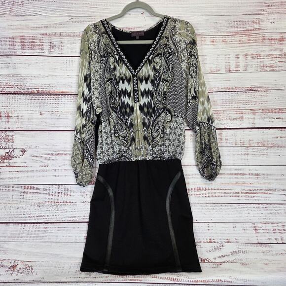 Hale Bob Paisley Mixed Media Mini Dress S Blouson Top Bodycon Skirt Puff Sleeve - Picture 1 of 13